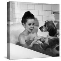 Margaret O'Brien and Her Spaniel Maggie Share a Bubble Bath-Marie Hansen-Stretched Canvas