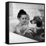 Margaret O'Brien and Her Spaniel Maggie Share a Bubble Bath-Marie Hansen-Framed Stretched Canvas