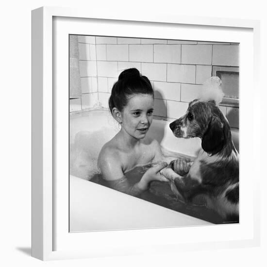 Margaret O'Brien and Her Spaniel Maggie Share a Bubble Bath-Marie Hansen-Framed Premium Photographic Print