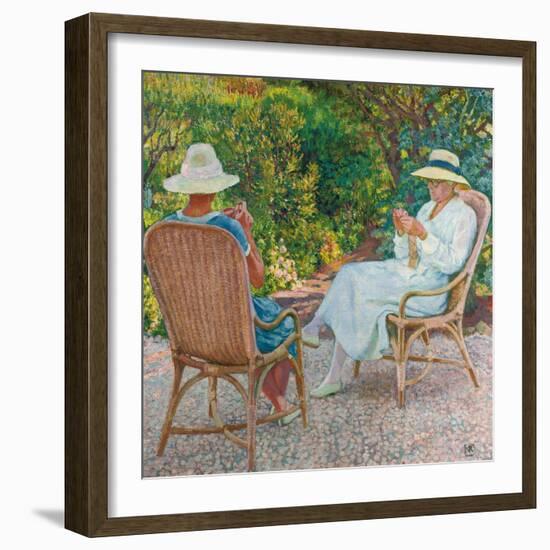 Maria and Elisabeth Van Rysselberghe Knitting in the Garden, C.1912-Theo van Rysselberghe-Framed Giclee Print