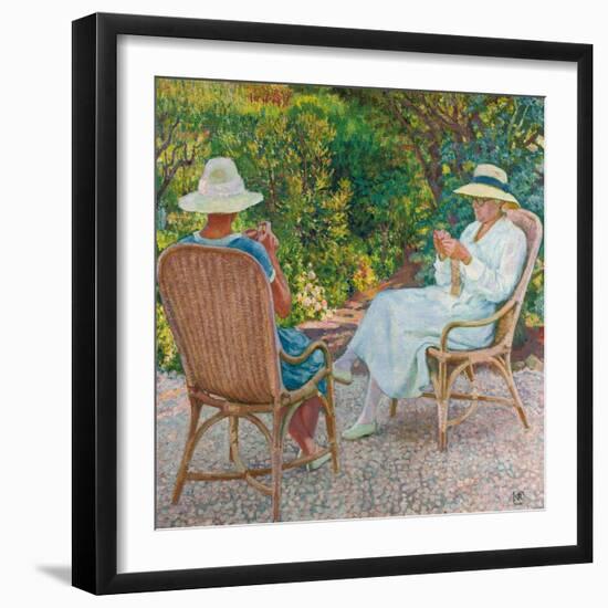 Maria and Elisabeth Van Rysselberghe Knitting in the Garden, C.1912-Theo van Rysselberghe-Framed Premium Giclee Print