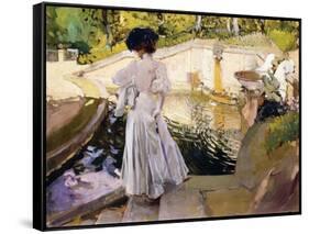 Maria looking at the Fishes, Granja (Maria mirando a los Peces, Granja). 1907-Joaquin Sorolla-Framed Stretched Canvas