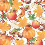 Watercolor Orange Maple Leaves, Orange Pumpkin, Red Apple, Chestnut and Autumn-Maria Mirnaya-Art Print