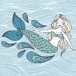 Cute Mystical Mermaid.Deep Ocean.Vector Illustration.Waves Background.-Maria Sem-Art Print