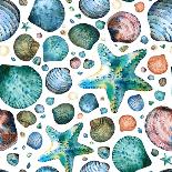 Vector Seamless Pattern Painted in Watercolor with Seashells and Starfish on a White Background.-Maria Tishchenko-Framed Stretched Canvas