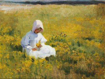A Young Girl Picking Flowers
