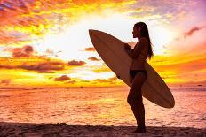 Surfing Surfer Woman Babe Beach Fun at Sunset. Girl Walking in Sunshine in Warm Evening Sun Holding-Maridav-Stretched Canvas