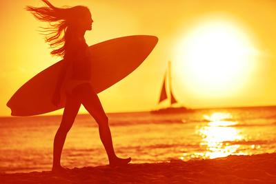 'Surfing Surfer Woman Babe Beach Fun at Sunset. Girl Walking in