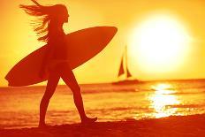 Surfing Surfer Woman Babe Beach Fun at Sunset. Girl Walking in Sunshine in Warm Evening Sun Holding-Maridav-Stretched Canvas
