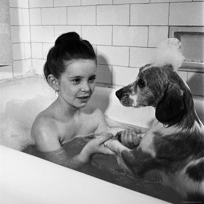 Margaret O'Brien and Her Spaniel Maggie Share a Bubble Bath