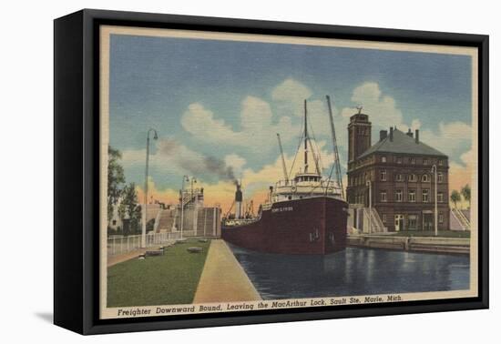 Marie, MI - View of Freighter Leaving MacArthur Lock-Lantern Press-Framed Stretched Canvas