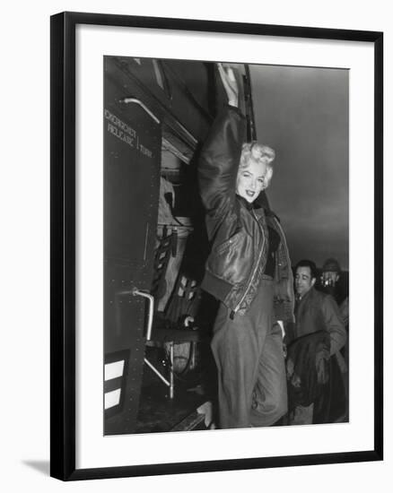 Marilyn Monroe Arriving by Helicopter at a U.S. Military Base in Korea-null-Framed Photo