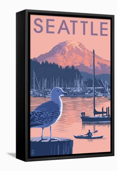 Marina and Rainier at Sunset - Seattle, Washington-Lantern Press-Framed Stretched Canvas