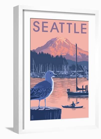 Marina and Rainier at Sunset - Seattle, Washington-Lantern Press-Framed Art Print