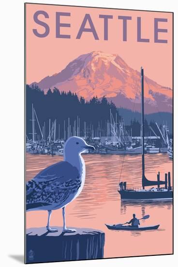 Marina and Rainier at Sunset - Seattle, Washington-Lantern Press-Mounted Art Print