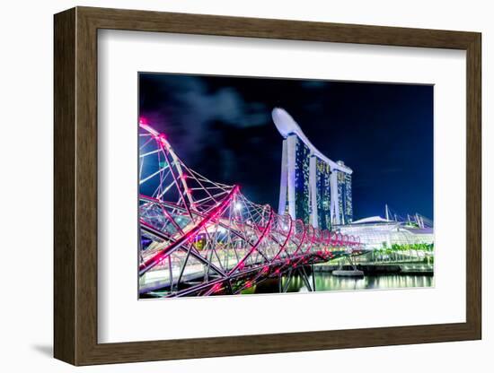 Marina Bay Sands and Helix Bridge city lights at night in Singapore with water reflections-David Chang-Framed Photographic Print