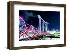 Marina Bay Sands and Helix Bridge city lights at night in Singapore with water reflections-David Chang-Framed Photographic Print