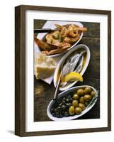 Marinated Sardines, Fried Scampi and Olives-null-Framed Photographic Print