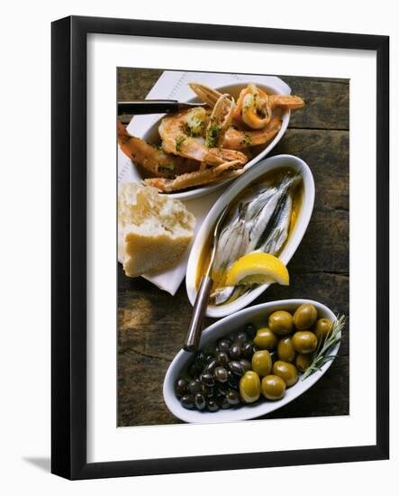 Marinated Sardines, Fried Scampi and Olives-null-Framed Photographic Print