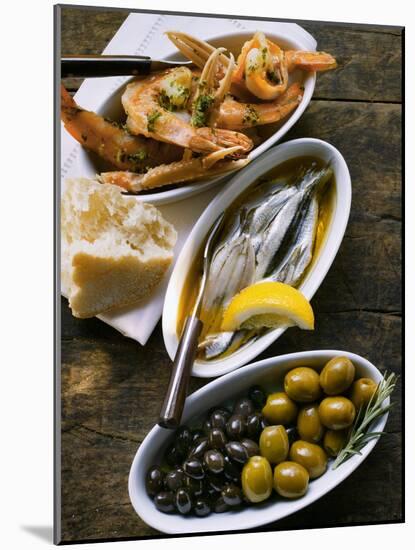 Marinated Sardines, Fried Scampi and Olives-null-Mounted Photographic Print
