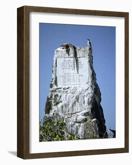 Marine Iguana and Galapagos Mockingbird Atop a Monument, Galapagos Islands, Ecuador-Charles Sleicher-Framed Photographic Print