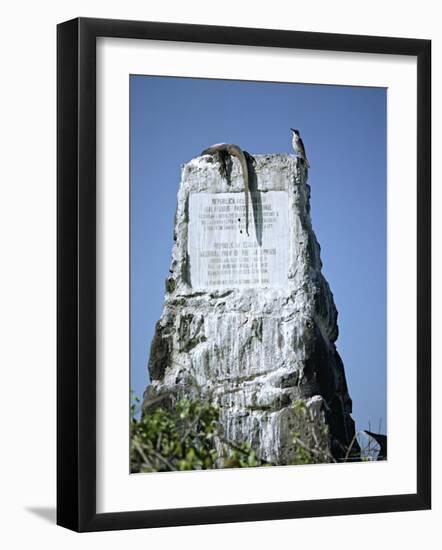 Marine Iguana and Galapagos Mockingbird Atop a Monument, Galapagos Islands, Ecuador-Charles Sleicher-Framed Photographic Print