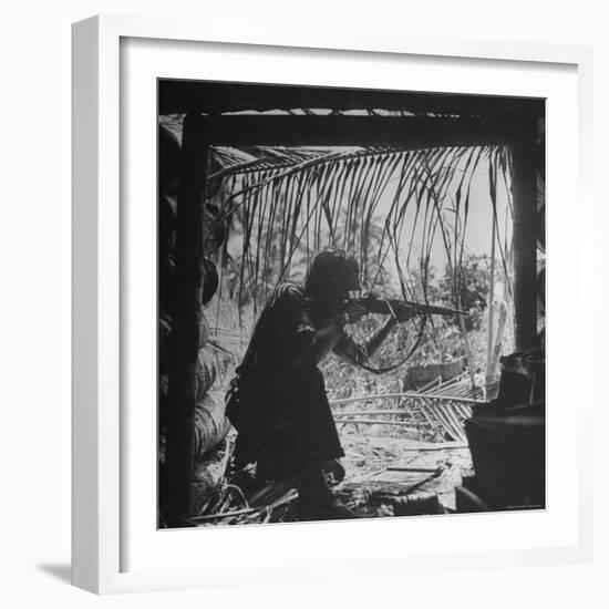 Marine in Action During Fight to Take Bougainville in Solomon Islands During WWII-William C^ Shrout-Framed Photographic Print