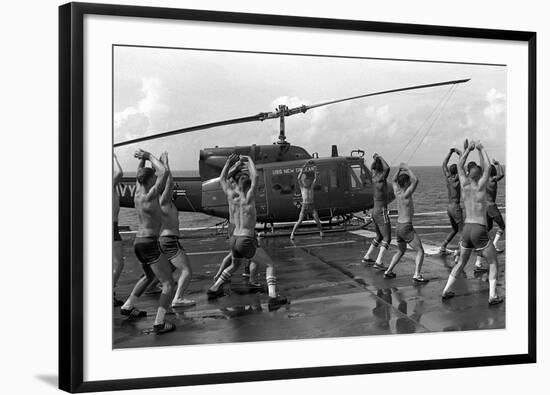 Marines Doing Jumping Jacks on Amphibious Assault Ship USS New Orleans, Aug. 1982-null-Framed Photo