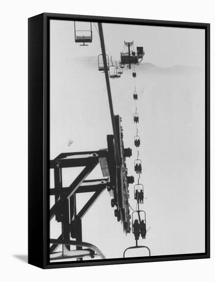 Marines Riding Chair Lift Up to Squaw Peak To Ski Down and Tamp Snow Down for Olympic Events-George Silk-Framed Stretched Canvas