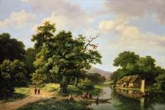 Wooded River Landscape with Peasants Unloading a Ferry-Marinus Adrianus Koekkoek-Framed Giclee Print