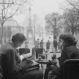 Parisian Couple Drinking Coca Cola at a Sidewalk Cafe While Reading, Paris, France, 1950-Mark Kauffman-Photographic Print