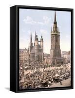 Market Day in Halle with the Red Tower in the Background, Germany, Pub. C.1895-null-Framed Stretched Canvas