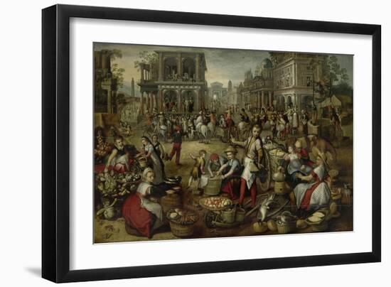 Marketplace, Flagellation, the Ecce Homo and the Bearing of the Cross in the Background, 1550-90-Joachim Beuckelaer or Bueckelaer-Framed Giclee Print
