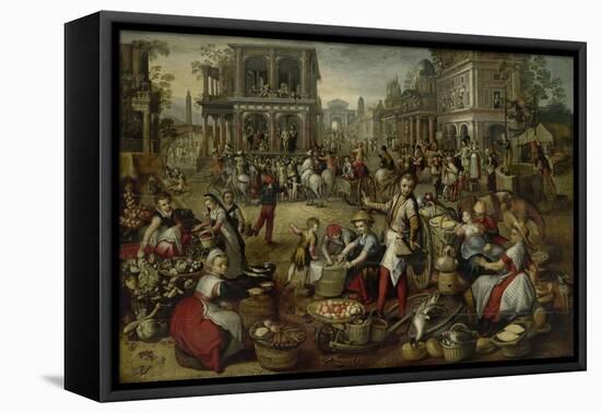 Marketplace, with the Flagellation, the Ecce Homo and the Bearing of the Cross-Joachim Bueckelaer-Framed Stretched Canvas