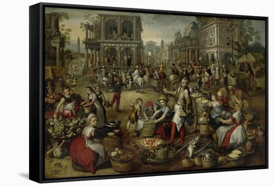 Marketplace, with the Flagellation, the Ecce Homo and the Bearing of the Cross-Joachim Bueckelaer-Framed Stretched Canvas