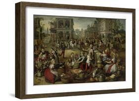 Marketplace, with the Flagellation, the Ecce Homo and the Bearing of the Cross-Joachim Bueckelaer-Framed Art Print