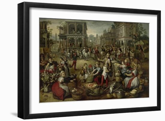 Marketplace, with the Flagellation, the Ecce Homo and the Bearing of the Cross-Joachim Bueckelaer-Framed Art Print