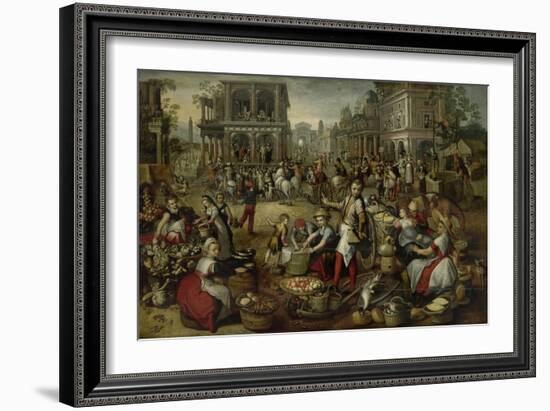 Marketplace, with the Flagellation, the Ecce Homo and the Bearing of the Cross-Joachim Bueckelaer-Framed Art Print