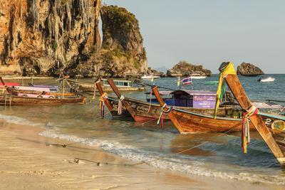 Longtail boats on Phra Nang beach, Railay Peninsula, Krabi Province, Thailand, Southeast Asia, Asia