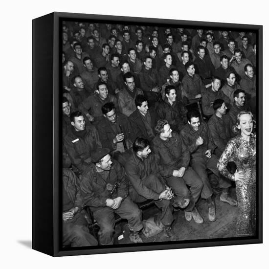 Marlene Dietrich with Back Turned on Audience of Servicemen during Her Mental Telepathy Act-George Silk-Framed Stretched Canvas