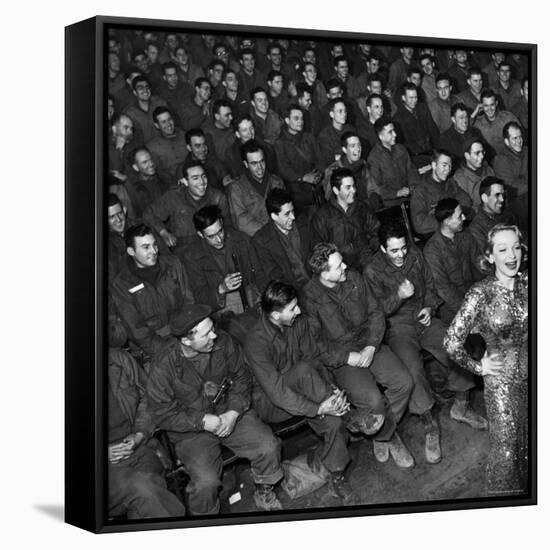 Marlene Dietrich with Back Turned on Audience of Servicemen during Her Mental Telepathy Act-George Silk-Framed Stretched Canvas