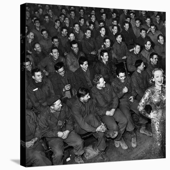 Marlene Dietrich with Back Turned on Audience of Servicemen during Her Mental Telepathy Act-George Silk-Stretched Canvas