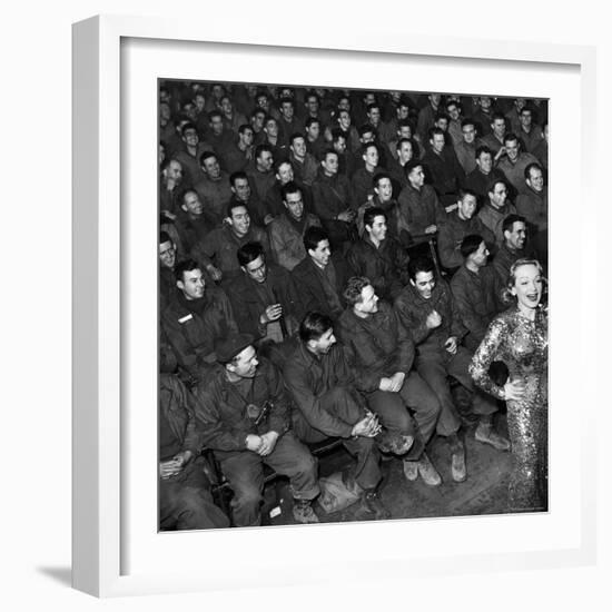 Marlene Dietrich with Back Turned on Audience of Servicemen during Her Mental Telepathy Act-George Silk-Framed Premium Photographic Print