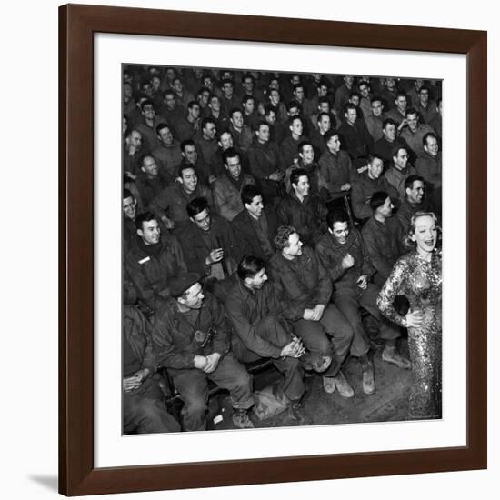 Marlene Dietrich with Back Turned on Audience of Servicemen during Her Mental Telepathy Act-George Silk-Framed Premium Photographic Print