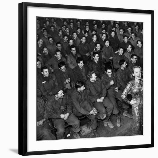 Marlene Dietrich with Back Turned on Audience of Servicemen during Her Mental Telepathy Act-George Silk-Framed Premium Photographic Print