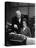 MARNIE, 1964 directed by ALFRED HITCHCOCK On the set, Alfred Hitchcock and Tippi Hedren (b/w photo)-null-Stretched Canvas