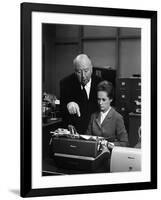 MARNIE, 1964 directed by ALFRED HITCHCOCK On the set, Alfred Hitchcock and Tippi Hedren (b/w photo)-null-Framed Photo