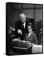 MARNIE, 1964 directed by ALFRED HITCHCOCK On the set, Alfred Hitchcock and Tippi Hedren (b/w photo)-null-Framed Stretched Canvas