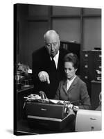 MARNIE, 1964 directed by ALFRED HITCHCOCK On the set, Alfred Hitchcock and Tippi Hedren (b/w photo)-null-Stretched Canvas