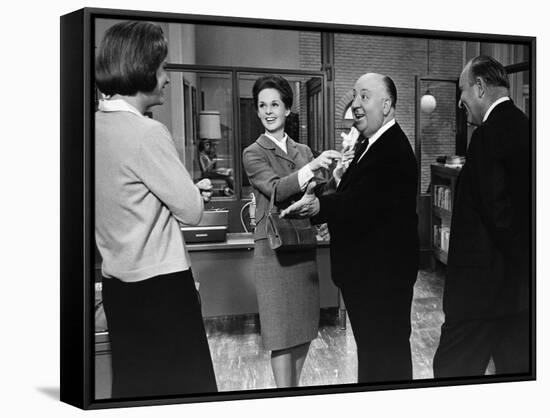 MARNIE, 1964 directed by ALFRED HITCHCOCK On the set, Tippi Hedren and Alfred Hitchcok (b/w photo)-null-Framed Stretched Canvas